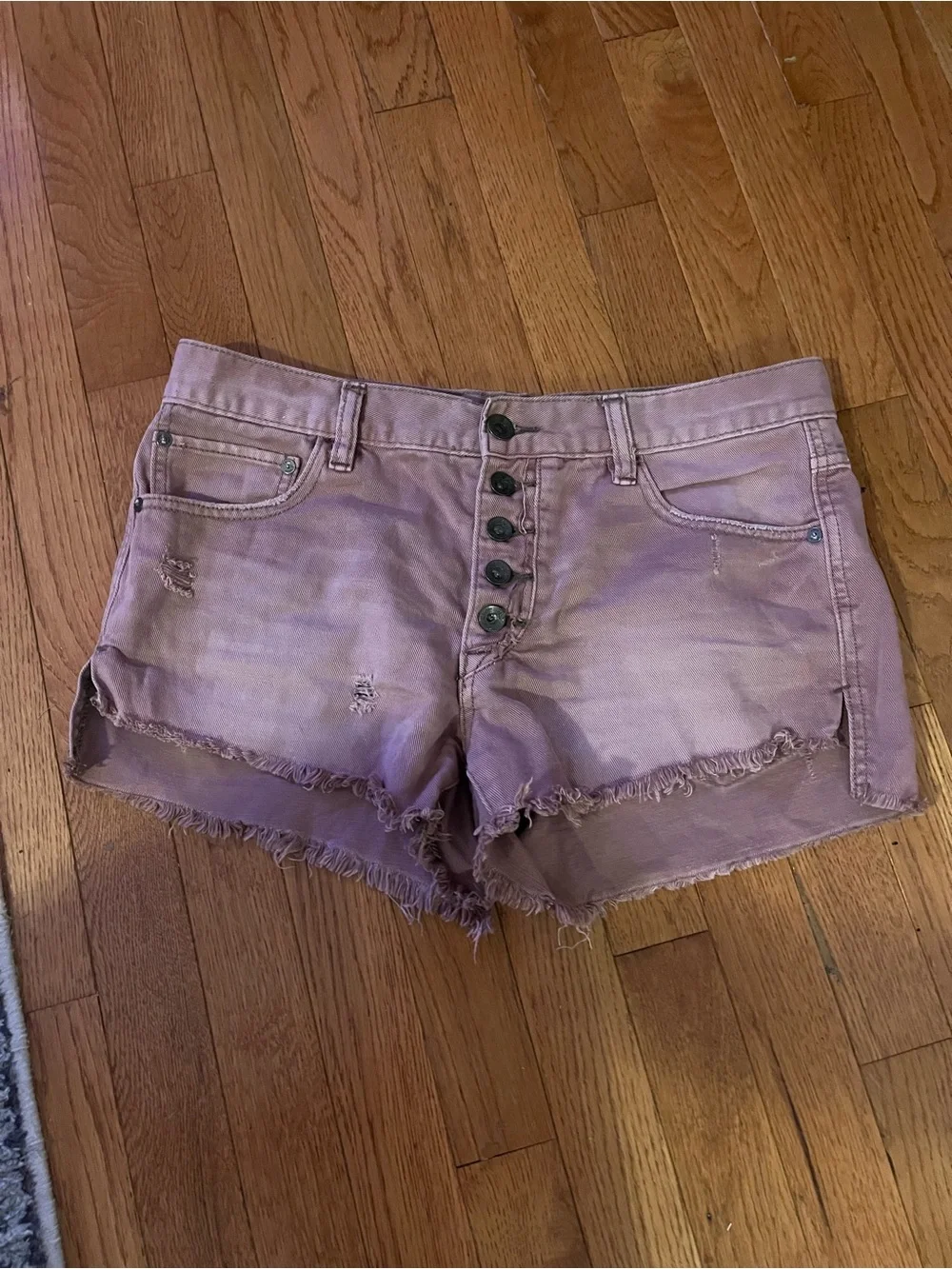 Free People Pink Distressed Button-Fly Denim Shorts